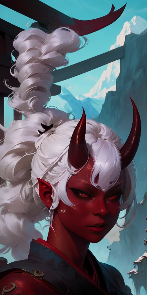 1 girl, (((oni girl))), (((red skin))), horns, white hair, ponytail, (((adventurer outfit))), explorer, researcher, fascinated e...