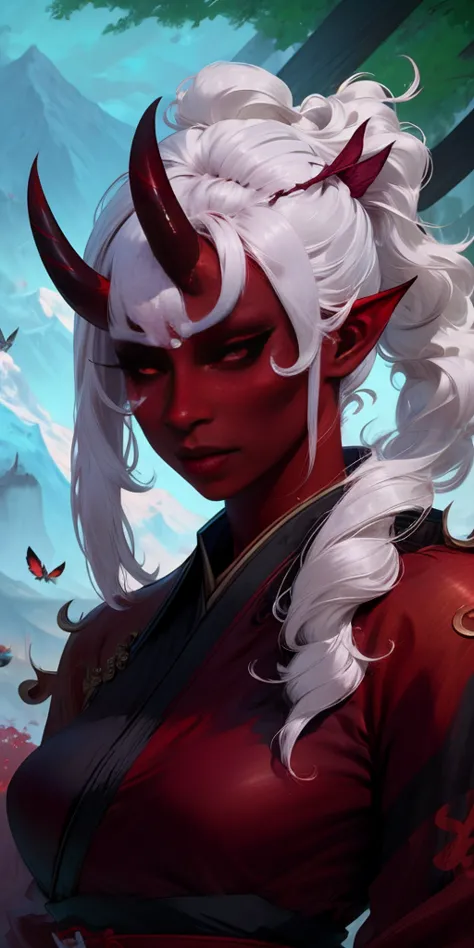 1 girl, (((oni girl))), (((red skin))), horns, white hair, ponytail, (((adventurer outfit))), explorer, researcher, fascinated e...