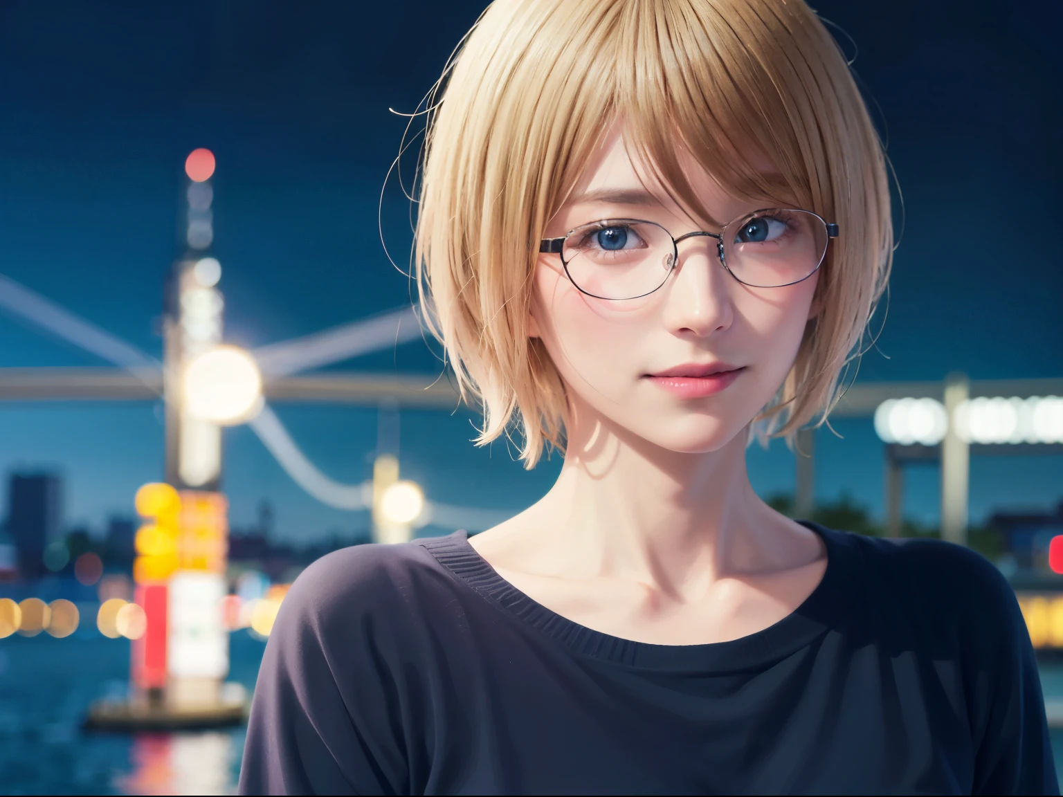 Japanese girl in casual clothes、Observe the audience、Tokyo cityscape at night、(highest quality、masterpiece)))、HD Fine、Very detailed、masterpiece、Cinema Lighting、(8k、highest quality、masterpiece:1.2)、(Realistic、Realistic:1.37) High resolution、Super detailed、Woman wearing glasses、A look of silence、Round Glasses、Asian, cute, cute顔, alone,Blonde Short Hair 1.2, Textured skin, Beautiful smile, Beautifully detailed night sky, Night view, Cinema Lighting, Written boundary depth, Lens flare light、date、(Blushing your nose)、、(Mouth closed)Small breasts、A beautiful eye for detail、(sweater:1.1)、(Blonde Short Hair:1.2)、Floating Hair Nova Frog Style、