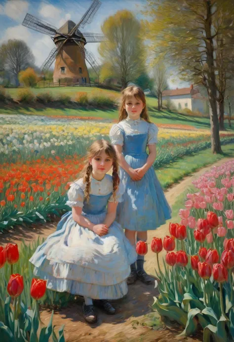 Claude Monet Style, 1boy and 1girl in a field of tulips , in the distance a windmill , Inspired by Claude Monet, Pierre-Auguste ...