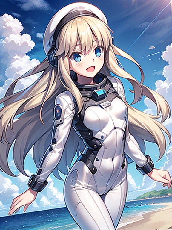 1 girl, alone, chest, Looking at the audience, blush, smile, Long Hair, bangs, large chest, blonde Long Hair, Long sleeve, blue eyes, headphone,beret,:d, Bodysuits, b space, white Bodysuits, blue sky,Ocean,summer,Wind:1.3,, Damage to the spacesuit 