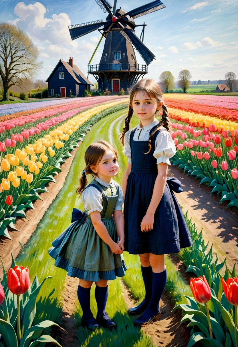 Claude Monet Style, 1boy and 1girl in a field of tulips , in the distance a windmill , Inspired by Claude Monet, Pierre-Auguste Renoir, Édouard Manet, Camille Pissarro, Alfred Sisley, Berthe Morisot, Gustave Caillebotte, Mary Cassatt, Armand Guillaumin, Edgar Degas. impressionism oil on canvas hyperdetailed 8K 3D 8k resolution