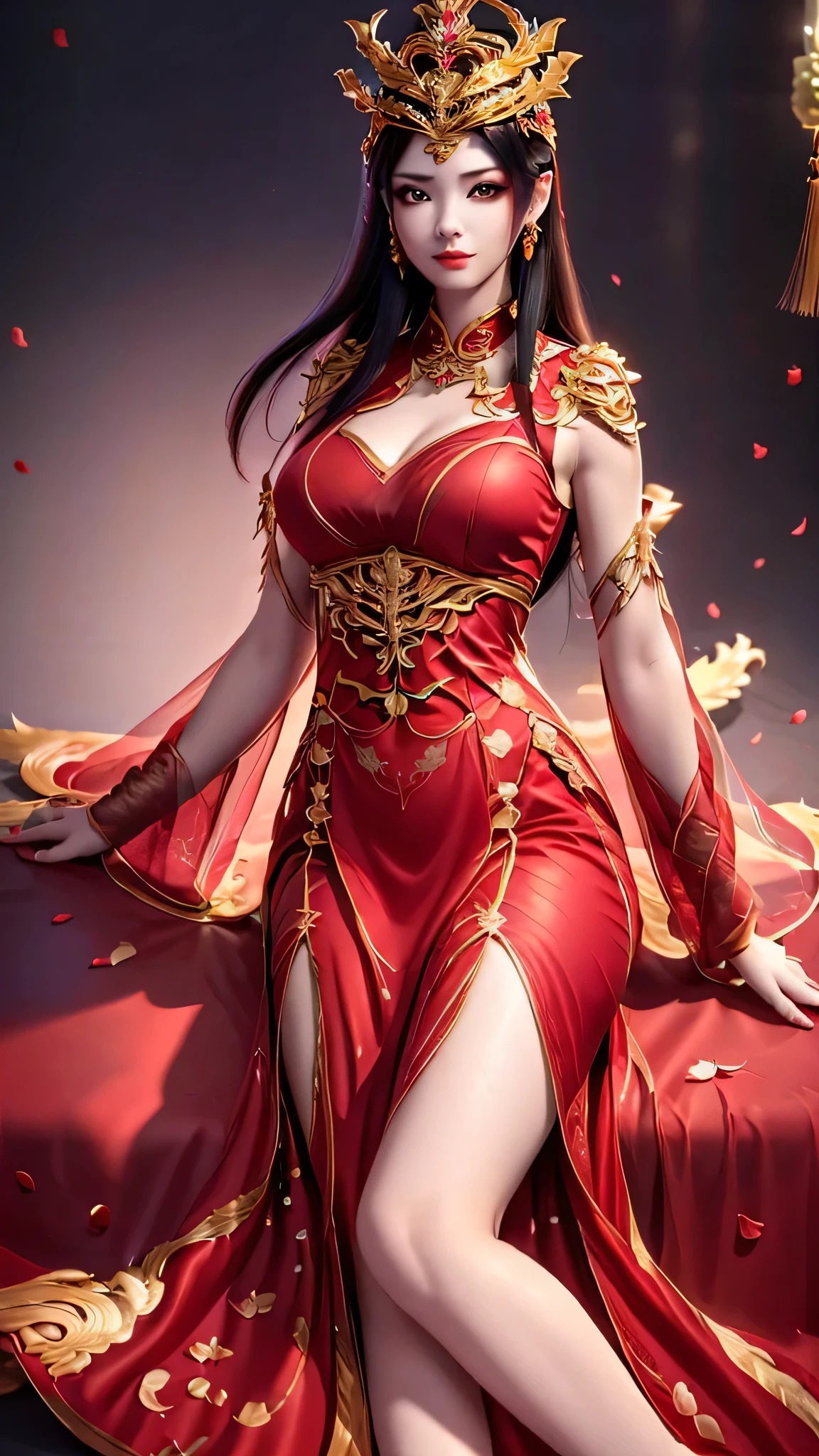 4k, 8k, best quality, masterpiece work, high resolution, cg, solo, ((meidusha)), close, entire body, traditional Chinese space background ((traditional Chinese red dress and golden crown)) 