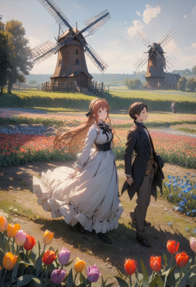 Claude Monet Style, 1boy and 1girl in a field of tulips , in the distance a windmill , Inspired by Claude Monet, Pierre-Auguste Renoir, Édouard Manet, Camille Pissarro, Alfred Sisley, Berthe Morisot, Gustave Caillebotte, Mary Cassatt, Armand Guillaumin, Edgar Degas. impressionism oil on canvas hyperdetailed 8K 3D 8k resolution