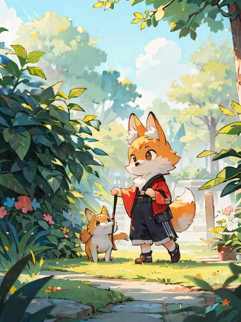 fox boy:1.5、cute little、ojo grande、pelaje naranja、pelaje esponjoso、fondo sencillo、fondo blanco、pintura de acuarela、Garden with t...