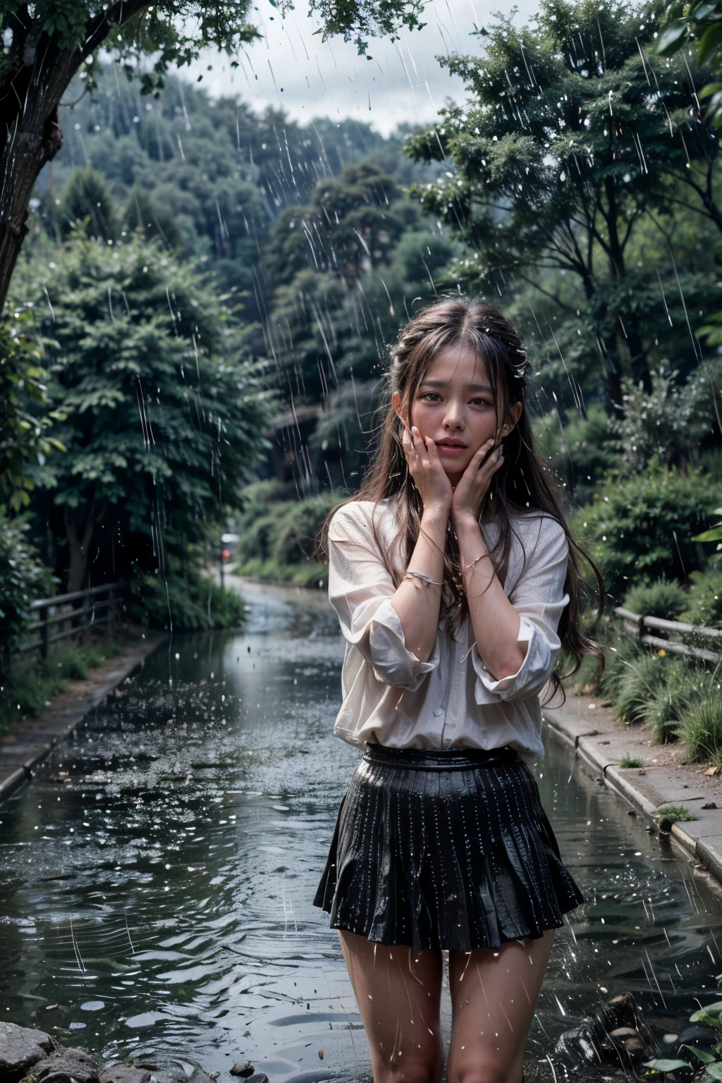 (masterpiece, best quality:1.2), (8k uhd, 16k, 32k, ultra high res), (photorealistic:1.37), ultimately intricate details, a beautiful girl crying in the countryside road, rainy, trees around the road, standing while wiping tears, wet shirt, use skirt, long hair, black hair, a bit thick