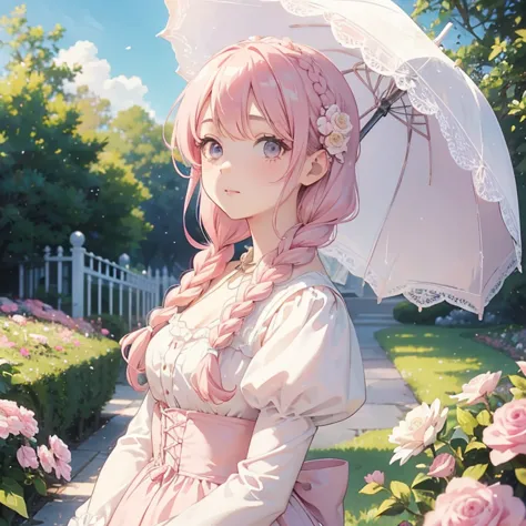 makes a 16 year old girl, , ojos de color rosa, kawai, looking up in a pastel pink and white victorian style dress and a lemon p...