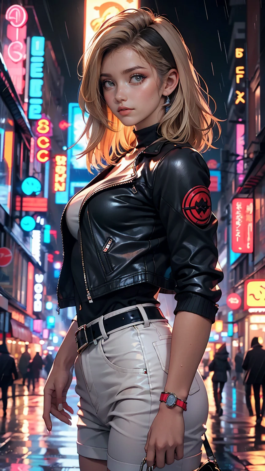 Portraiture, 1 girl, Beautiful Face, Asymmetrical Hair, Multi-coloured hair, belt, Bodysuits, Covered my mouth, Covered navel, Removable sleeves, Grey Eyes, Hip vents, Open jacket, cute, View the viewer, Night City, neon, Rainy,