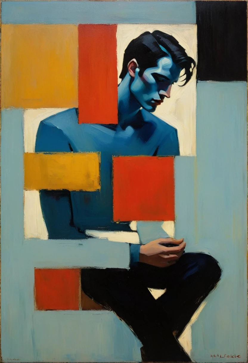 Crea una pintura al óleo evocadora inspirada en Malcolm Liepke, Capture la expresión introspectiva y el estado de ánimo refinado del hombre usando gruesas, pinceladas expresivas. Infunde la pintura con un cálido, paleta de colores apagados, incorporando tonos terrosos y azules profundos. Resalta la dramática interacción de luces y sombras., lanzando un suave, resplandor dorado desde la ventana. Resalte la calidad táctil de la pintura al óleo y mantenga un estilo simple., Fondo texturizado que complementa la presencia contemplativa del sujeto.. efecto borroso