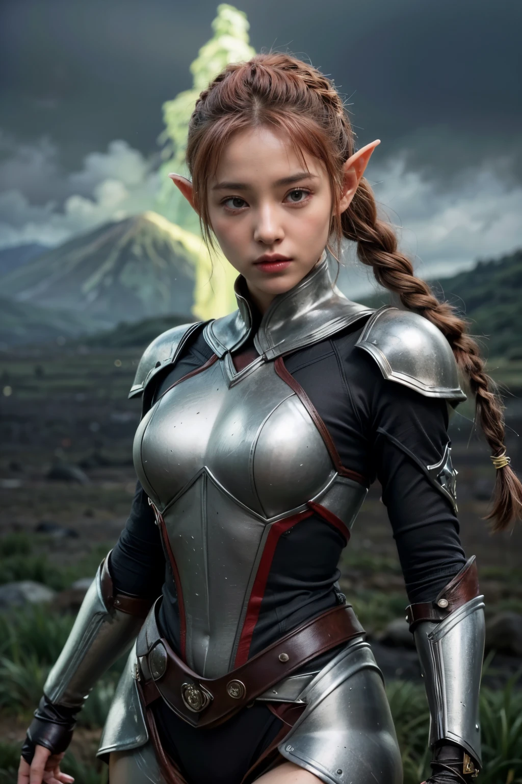 (main part, Realistic Portrait: 1.3), (Stunning image of an elven warrior with the appearance of Ariana Grande: 1.2), (extremamente bem definido, musculoso and female figure: 1.3), (red hair decorated with many braids: 1.3 ), (grosso, Sobrancelhas meticulosamente Moldadas:1.2), (symmetrical, Beautiful, e rosto impecavelmente perfeito:1.1), (vestido com um traje de guerreiro, Embracing your body:1.1), (In the background, an active volcano rises high, attracting attention:1.1), ( the gray sky sets a sombre tone:1.1), (his facial expression conveys the utmost seriousness:1.1), (Full body illustration of the elf's dominating presence:1.1), (a combination of awe-inspiring strength and ethereal charm:1.1), (A work of art that captures intensity of the legendary warrior:1.1), (Meticulous attention to detail enhances the authenticity of the scene:1.1)), cinematic, hyper-detailhado, detailhes insanos, Lindamente colorido, Motor Ireal, DOF, Super-Resolution, Megapixel, Cinematographic Lightning, anti-aliasing, FKAA, TXAA, RTX, SSAO, Post-processing, post-production, Mapeamento de tons, .cgi, VFX, SFX, Insanamente retailhado e intrincado, Hyper maximalista, hyperrealistic, volumetric, photorealista, ultra fotorreal, ultra-detalhado, detailhes intrincados, super retailhado, Colorido , volumetric lightning, HDR, realistic, motor irreal, 16k, sharp focus, octane render, (main part, realistic portrait: 1.3), (extremamente bem definido, musculoso and female silhouette: 1.3), (olhos verdes claros penetrantes emanando uma energy radiante:1.2), (grosso, Sobrancelhas meticulosamente moldadas:1.2), (symmetrical, Beautiful, e rosto impecavelmente perfeito:1.1), (vestido com um traje de guerreiro, Embracing your body:1.1), (master's part, Realistic portrait: 1.3), (full body photo: 1.4)