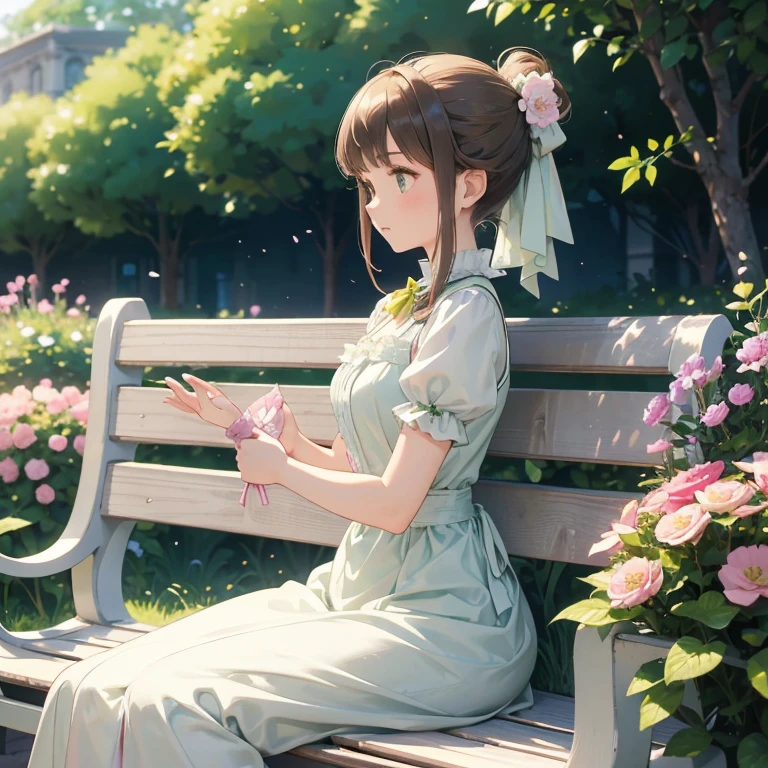 Makes a 16 year old girl, , ojos de color gris, Kawai, in profile with a lemon green and white Victorian style dress, Her hair is brown and is tied up in an elegant hairstyle., the girl is sitting on a bench in an English style garden with pink flowers all anime style 