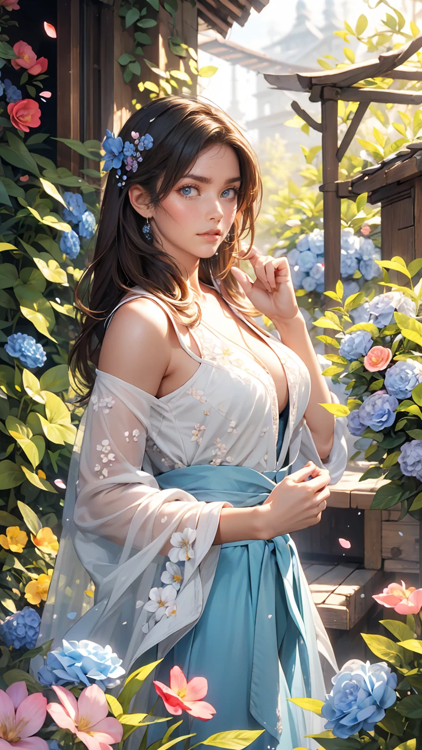 In the fragrant garden, Mature Caucasian woman standing with arms outstretched, Sexy nice body、While gently touching the petals of the flowers I met, A connection with nature and lovely blue flowers.