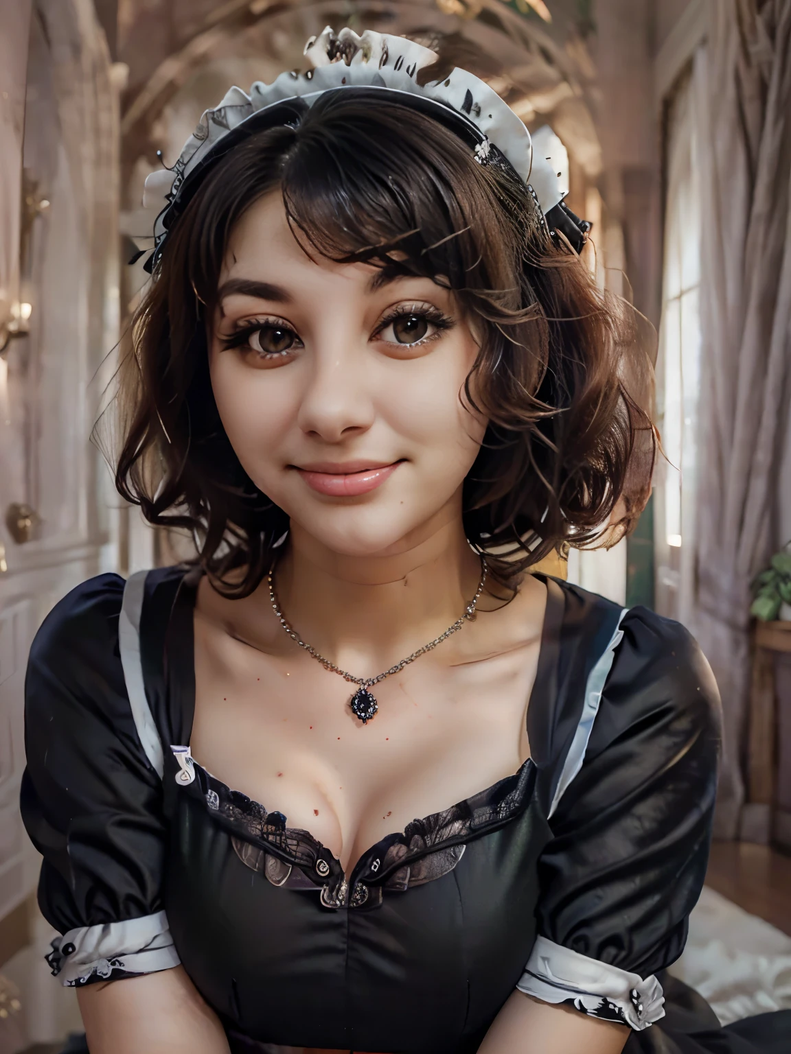 ((beautiful maid:1.5),high resolution, top quality),wearing maid's uniform,soft hands, big bright eyes, dark and vibrant curled hair, sweet smile, rosy cheeks, soft light, pure white background.  
