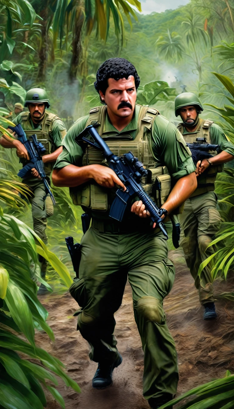 A realistic and detailed photograph capturing the intense moment of Special Forces storming Pablo Escobar's hidden location. Each soldier is focused and poised, weapons at the ready, their faces a mixture of intense determination and heightened alertness. The Colombian jungle backdrop is lush and vibrant, but the tangled foliage does little to hide the tension and danger lurking within.