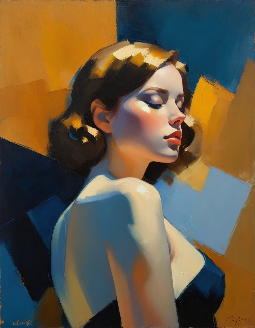 Create an evocative oil painting inspired by Malcolm Liepke, Capture the nude woman introspective expression and refined mood using thick, expressive brushstrokes. Infuse the painting with a warm, muted color palette, incorporating earthy tones and deep blues. Highlight the dramatic interplay of light and shadow, casting a soft, golden glow from the window. Emphasize the tactile quality of the oil paint and maintain a simple, textured background that complements the subject's contemplative presence. Blurry effect