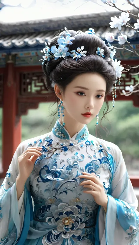 a beautiful girl ,put on gorgeous hanfu, chinese architecture, landscape