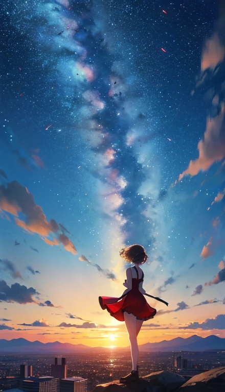 {{{masterpiece}}, {{{highest quality}, {{Super detailed}}, {figure}, {{an extremely delicate and beautiful}}, beautiful milky way, Night Sky, Wide sky, Mysterious, Deep sky, Falling Sky, Traveling woman, Red dress,Back view, girl looking at Night Sky, On the way, 8k, Morning is approaching, The sky is about to be swallowed, the Morning is approaching, The night is over, The beginning is near, Deep Darkness, Cinematic, Mysterious, wonderful, beautiful,