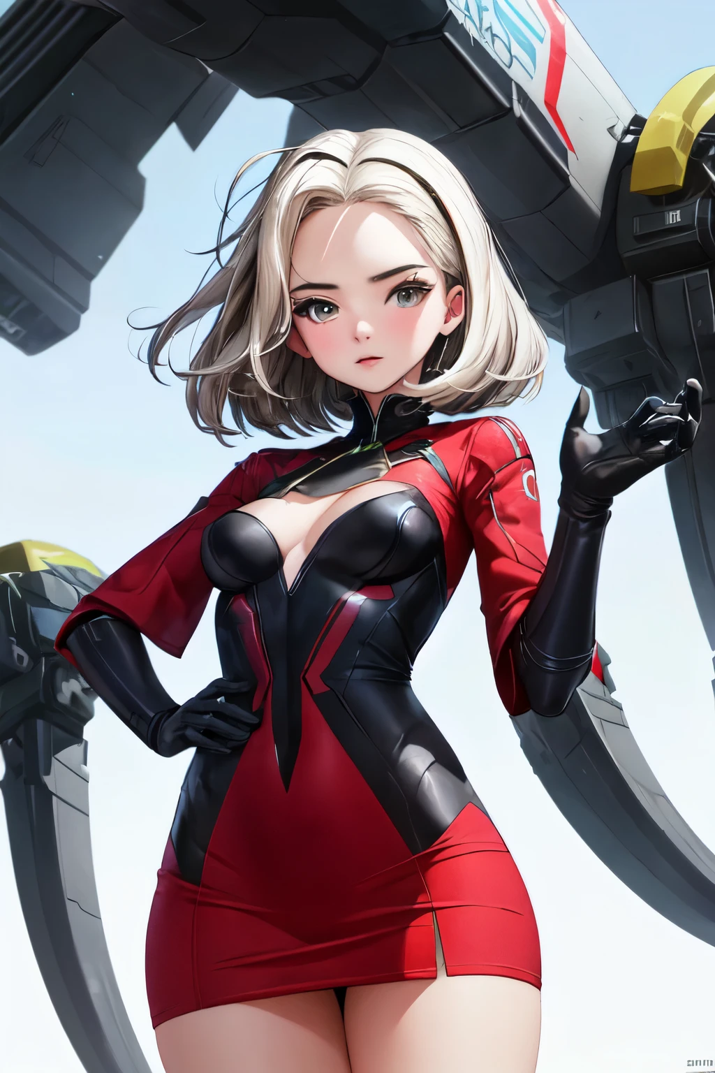 An woman with short white hair, fair skin, and black eyes, body similar to Sydney Sweeney's. She is wearing a futuristic red dress with black details. High quality image, with Ensure the background of the image is a solid, neutral color