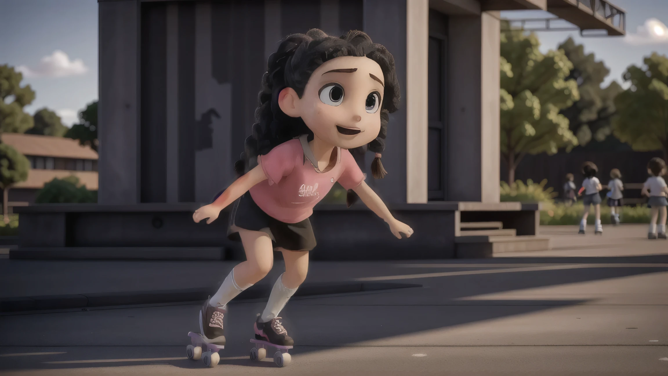 sweet cute girl, skating, roller_skates, skates, braids, laughing, happy, inline_skates, twin_braids, , 1girl, realistic, outdoors, black_hair