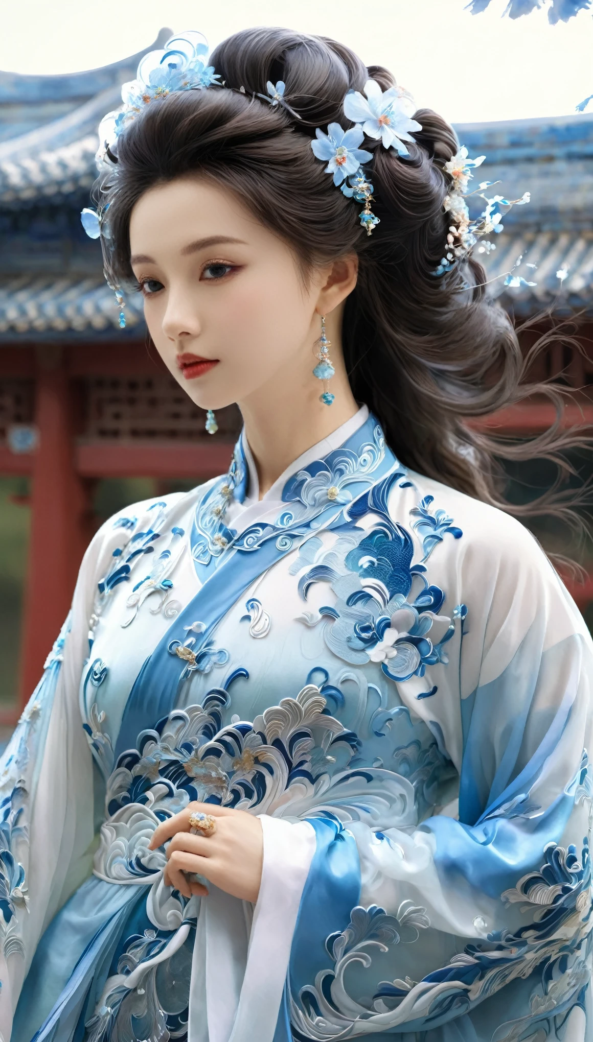 a beautiful girl ,Put on gorgeous Hanfu, Chinese Architecture, landscape