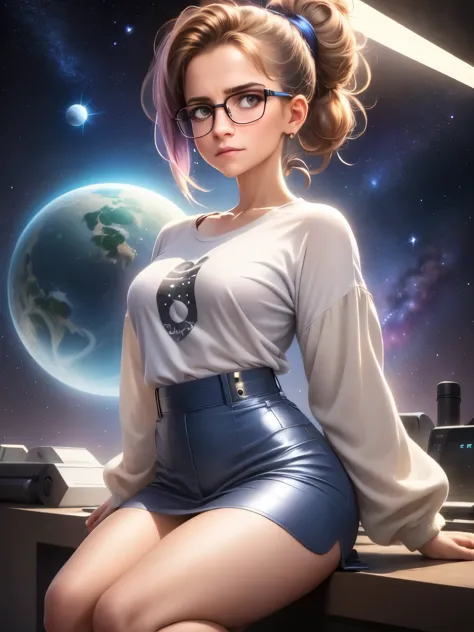 1girl small breasts, wears thick-framed glasses that highlight her facial features, with short hair, ponytail and gray, silver s...