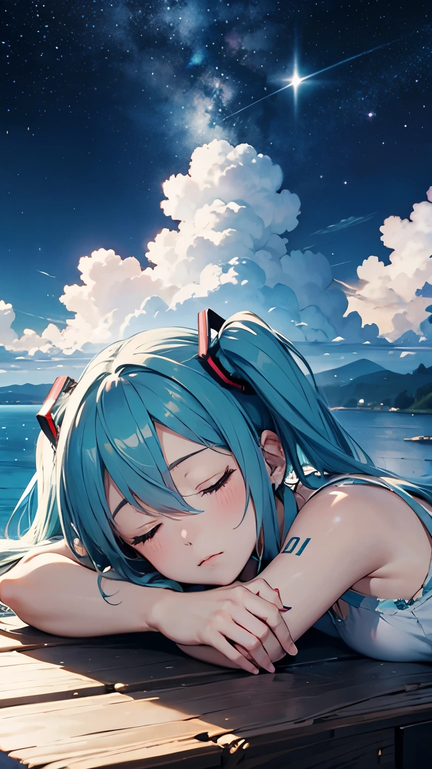 Hatsune Miku als auf einer Wolke schlafende、sternenklarer Himmel