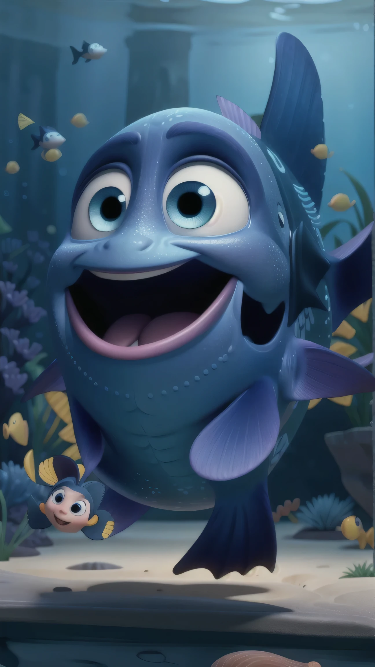Disney baby Dory, smile, full_body, looking_at_viewer, open_mouth, happy, outdoors, deep water, blue fish , blue tang