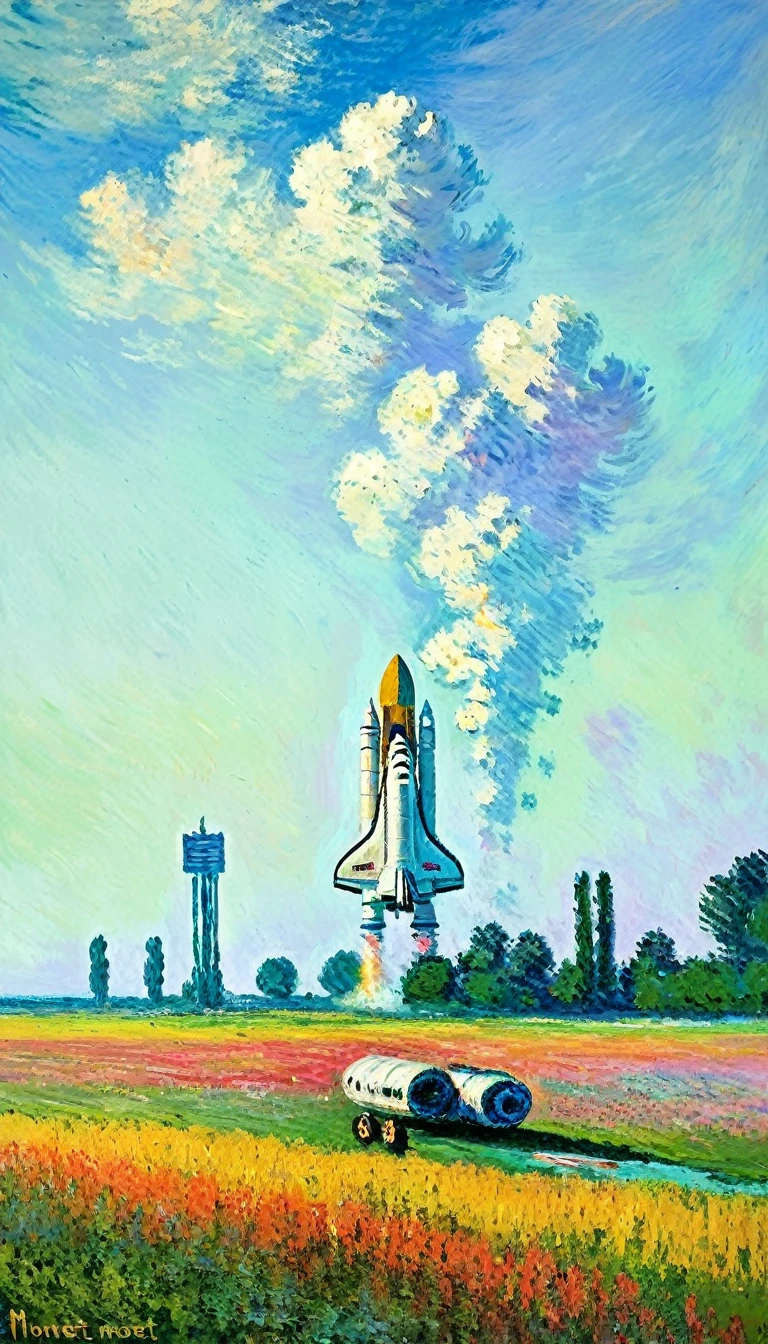 Claude Monet Style, oil painting on canvas, impressionism, space shuttle on raw field
