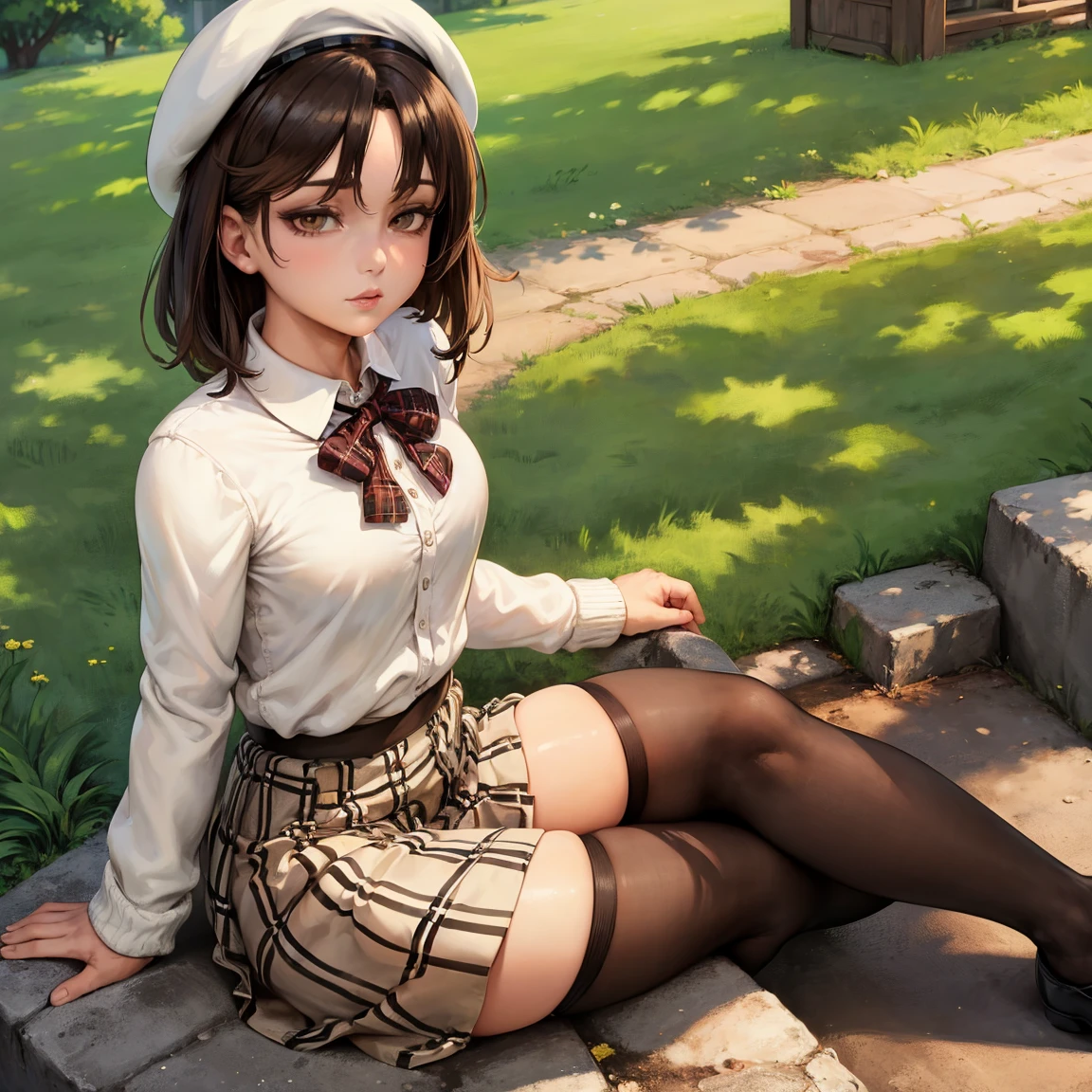 Beautiful illustration, best quality, cute girl, (Outside a small town)), sunlight illumination, short brown hair, ((White blouse)), ((Tartan skirt)), ((Black stockings)), ((Beret hat)), serene face, bright light, big eyes, ((Sitting on a wall)), grass growing