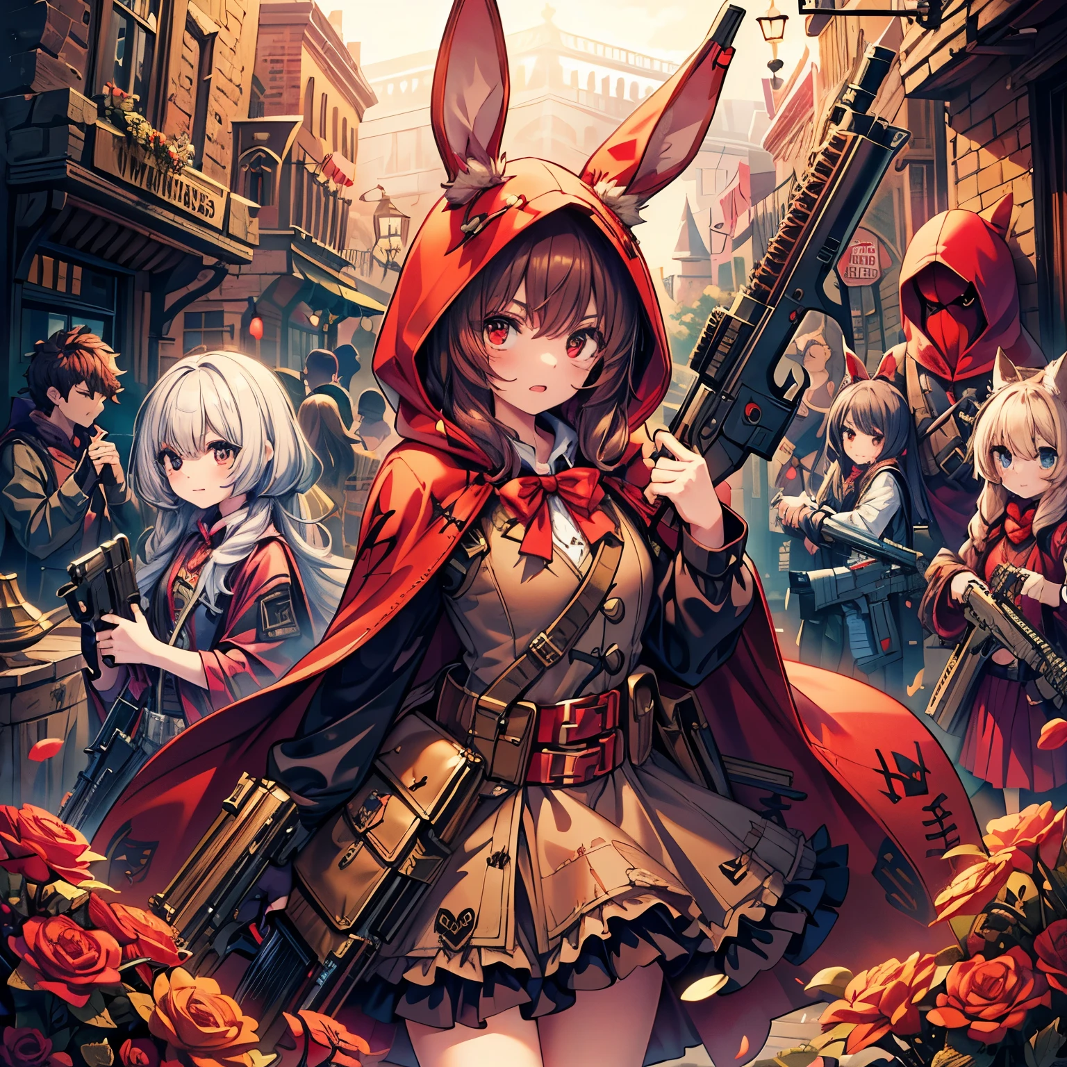 (masterpiece), best quality, fantasy art, many little girls in red hood and dress holding weapon at wonderland, (((everyone wearing red hood))), bunny ears, ammunition belt, gun, machine gun, gatling gun, hand gun,weapons, (red_hood:1.5)