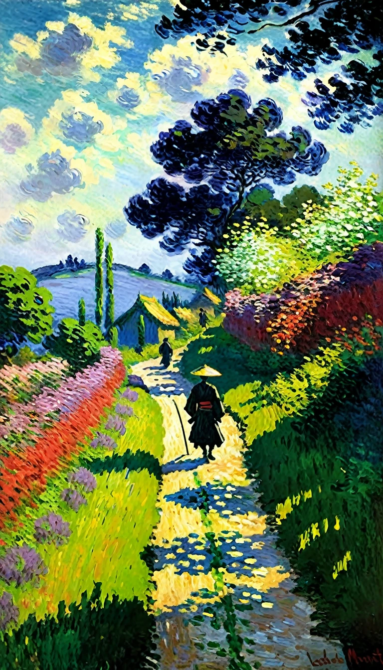oil painting, dark theme, (impressionism by monet:1.2), close up to samurai walking down a country lane in edo period, in front of viewer, 