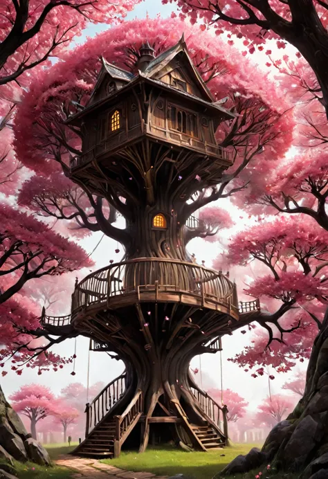 a strange sakura tree house, cheia de luz e modelada na arvore, como se fizesse parte dela.