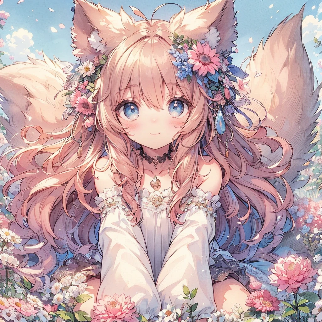 (Exquisite, beautiful, Very detailed, masterpiece, High resolution,high quality,High resolution),(Well-formed face,Soft and thin lines: 1.2, beautiful, Delicate and vivid illustrations with a mature and clear feel),  ,A beautiful, gentle and quiet girl with fluffy fox ears, a fluffy tail, cat-like animal eyes, a small mouth, nose and sharp fangs is sitting surrounded by flowers in a flower field under a clear blue sky and smiling shyly.,She is wearing a low-cut dress covered in lace, frills and ribbons, and knee-high socks decorated with lace.,(A cute girl with a good figure, with light brown wavy bob hair, fair skin, short eyebrows, pale pink cheeks, a very small nose, a mouth with small pointed fangs, plump pink lips, beautiful animal-like eyes, and a fairly large, fluffy bust.),Vibrant and eye-catching colors,Colored pencil art