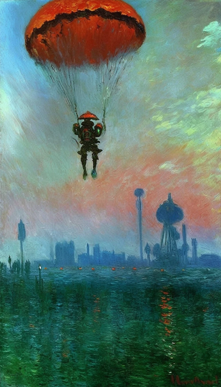 (impressionism by monet:1.35), oil painting, Absurd resolution, high resolution, (masterpiece: 1.4), hyper-detail, sci-fi, a big mech, red armor with red wings, floating flight in the sky (1.8) background is wild, fire