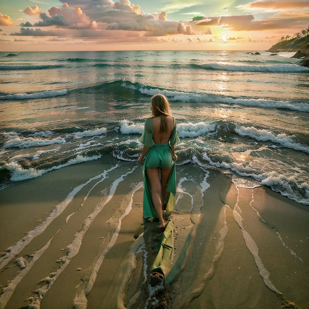 supermodelo femenina. Indonesia, balí, Playa de Kuta. Vestido de noche verde pastel. atardecer