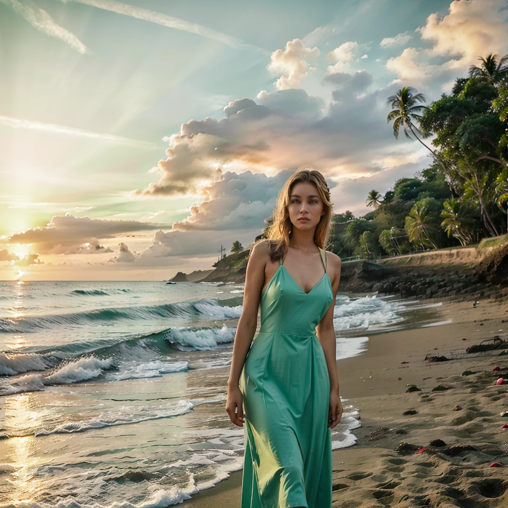 Female supermodel. Indonesia, Bali, Kuta beach. Pastel green evening dress. Sunset