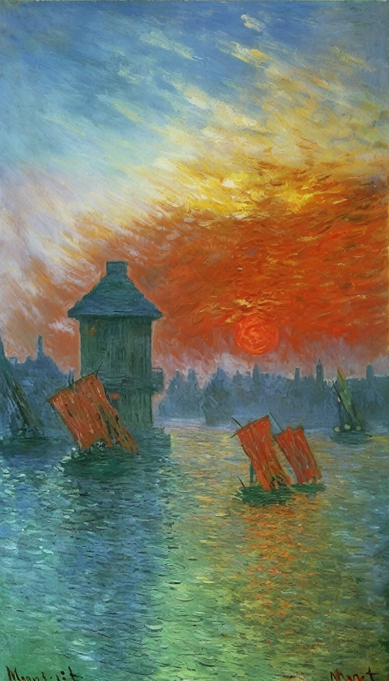 (impressionism by monet:1.35), oil painting, Absurd resolution, high resolution, (masterpiece: 1.4), hyper-detail, sci-fi, a big mech, red armor with red wings, floating flight in the sky (1.8) background is wild, fire