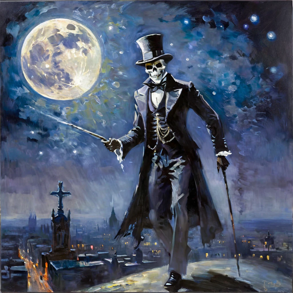 Claude Monet-style impressionist painting, ghostly apparition of Baron Samedi dominating the night sky, ethereal dances cast over cityscape, radiant moon resembling an omniscient eye, intertwined with voodoo elements, ominous skulls emerging, beauty intertwined with terror, enigmatic sharp focus, mysticism-infused masterpiece, evoking a stunningly confusing allure, dramatic lighting, ultra fine.