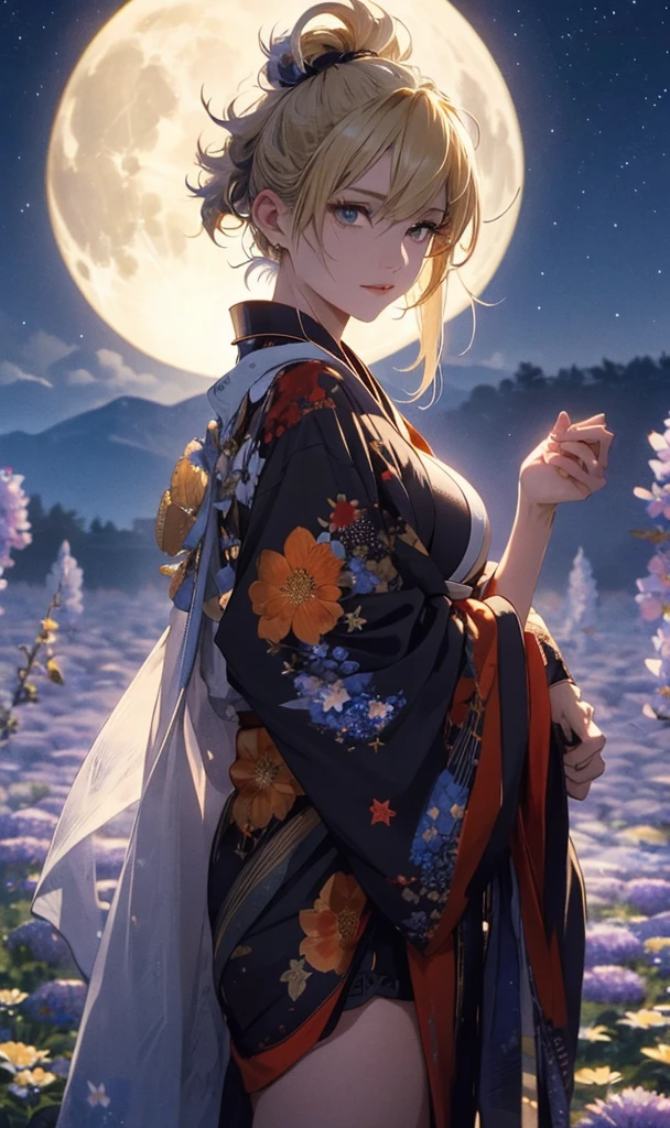 masterpiece, high quality, 4K, Beautiful design, silhouette，Blonde Mohawk，， 非常に詳細な夜のStarry Sky,Flower Field， wonderful, Finer details,  Very knowledgeable woman, Highly detailed solo, 1 female,Beautiful Eyes，tears，Big Breasts，Red kimono，Night view，Starry Sky，full moon，