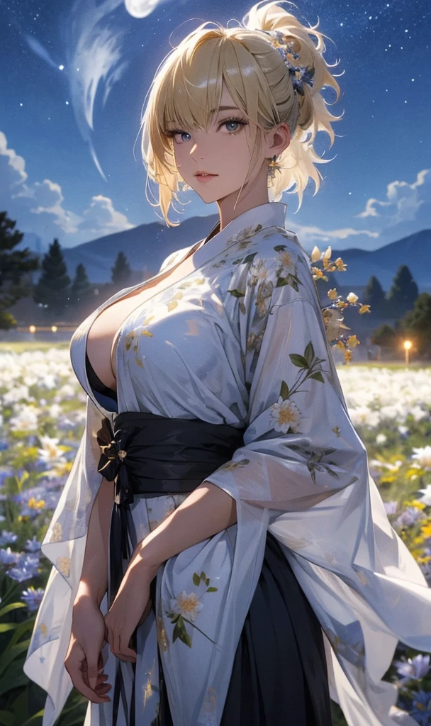 masterpiece, high quality, 4K, Beautiful design, silhouette，Blonde Mohawk，， 非常に詳細な夜のStarry Sky,Flower Field， wonderful, Finer details,  Very knowledgeable woman, Highly detailed solo, 1 female,Beautiful Eyes，tears，Big Breasts，White kimono，Night view，Starry Sky，full moon，