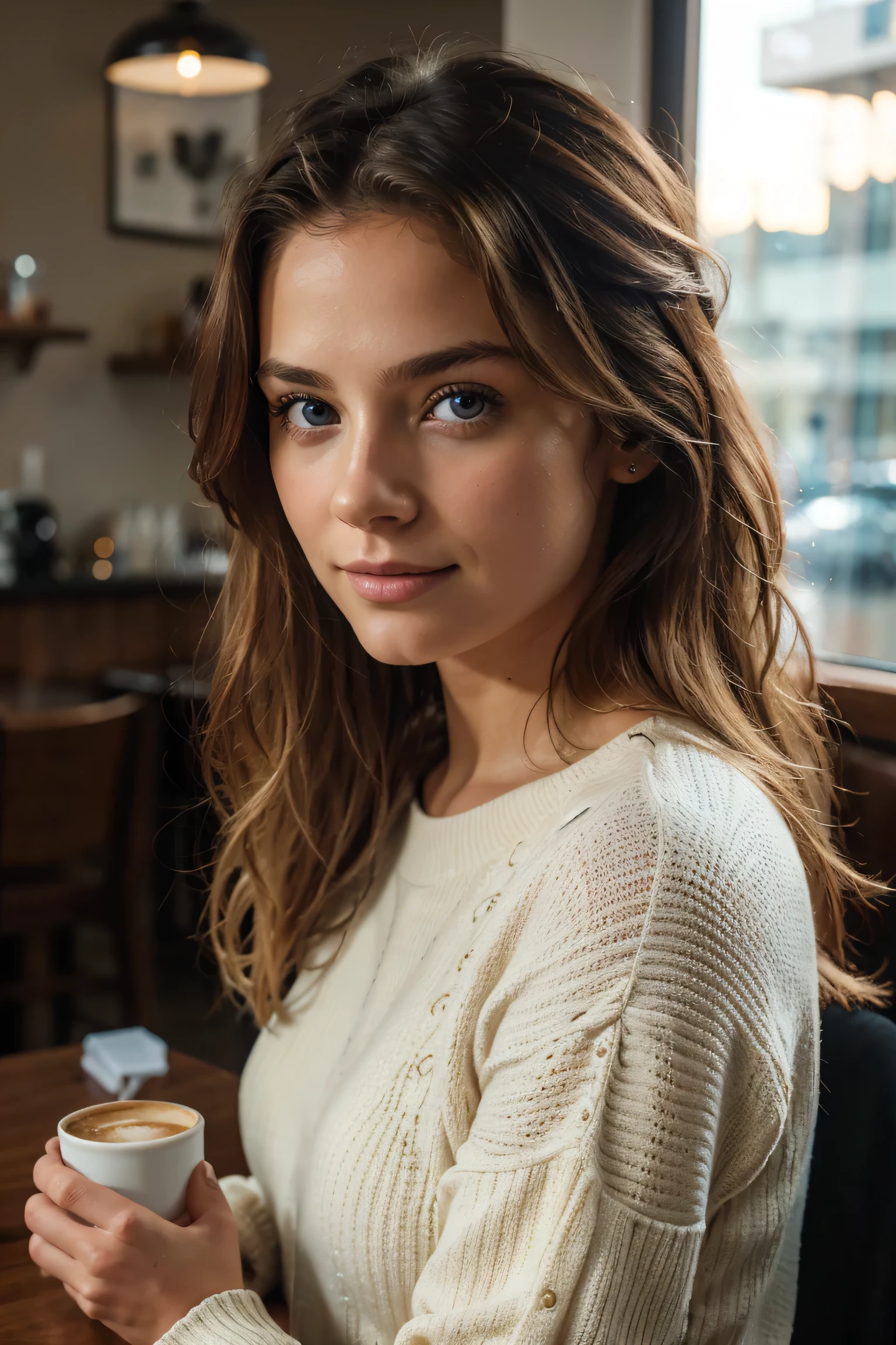 Beautiful blonde in a black sweater (Drinking coffee in a modern cafe at sunset), Very detailed, 21 years old, Innocent face, Naturally Wavy Hair, blue eyes, High resolution, masterpiece, highest quality, Intricate details, Very detailedな, Sharp focus, Detailed skin, Realistic skin texture, texture, Fine grain, Professional, 4K, Cute Smile, Shot with Canon, 85mm, Shallow depth of field,  Kodak Vision Color, perfect fit body, Very detailed, photograph_\(Ultra\), photoRealistic, Realistic, Post-processing, Maximum details, Roughness, Real Life, Ultra Realistic, Photorealism, photograph, 8K UltraHD, photograph