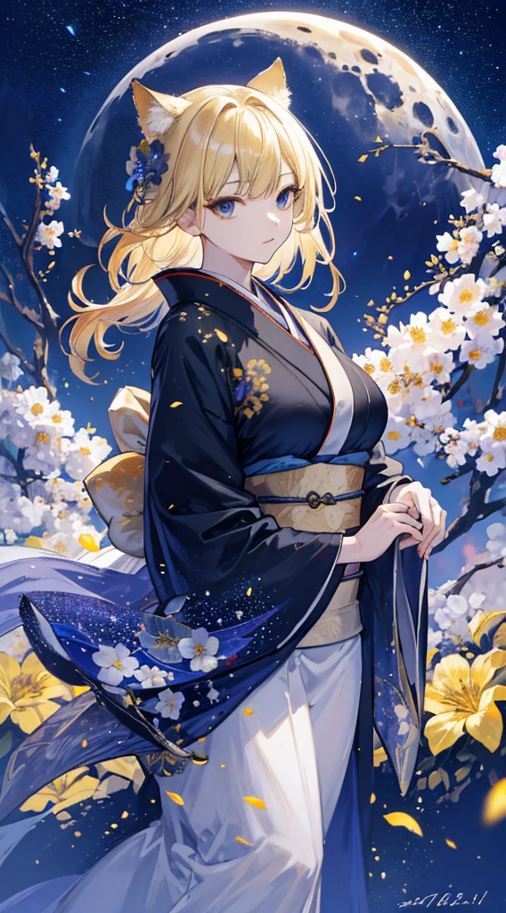 masterpiece, high quality, 4K, Beautiful design, silhouette，blonde， 非常に詳細な夜のStarry Sky,Flower Field， wonderful, Finer details,  Very knowledgeable woman, Highly detailed solo, 1 female,Cat ear，Big Breasts，kimono，Night view，Starry Sky，full moon，