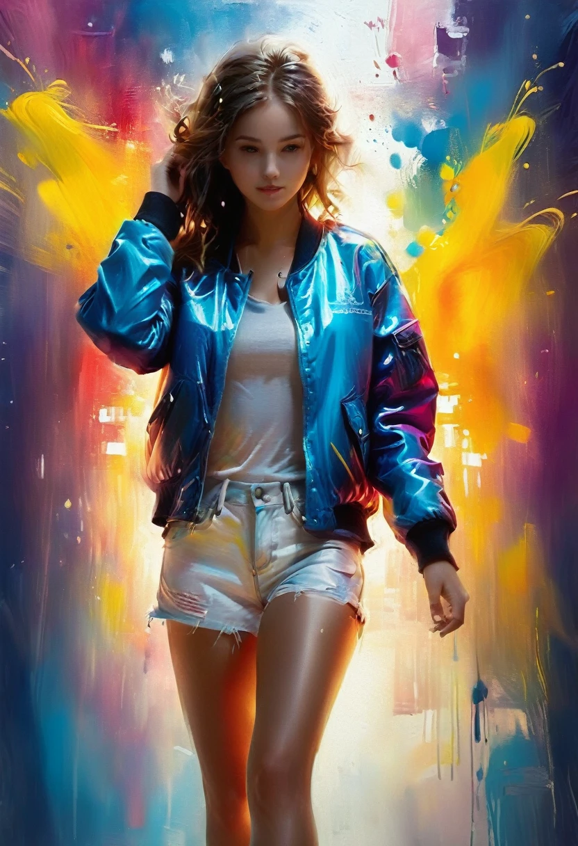 Girl in shorts, wear a jacket, hands in pockets, brush painting style, bright colors, soft light, (high-angle:1.2), (masterpiece, best quality:1.2), (simple background:1.5)
