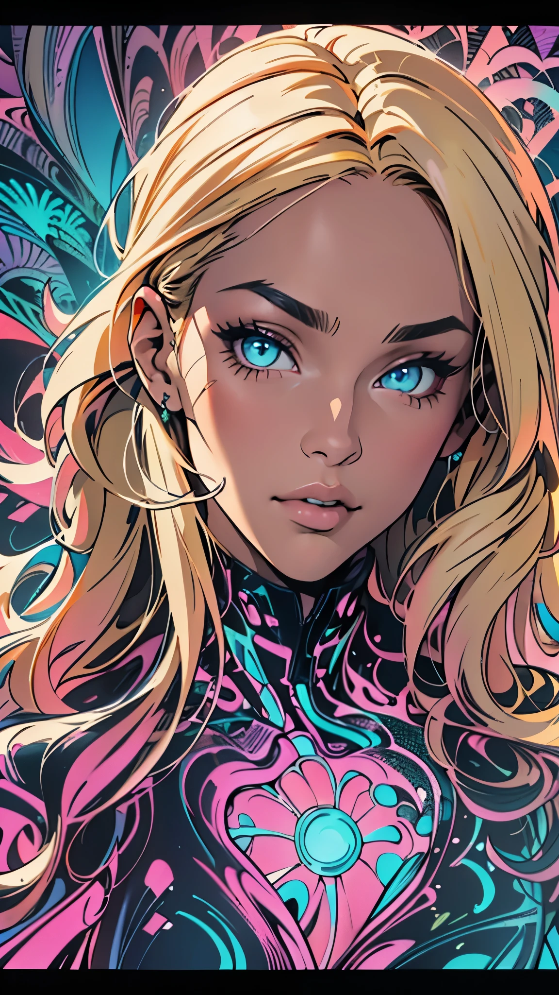 Masterpiece, Top Quality, Best Quality, Official Art, Beautiful and aesthetic:1.2), (1Girl:1.3), Extremely detailed,(fractal art:1.2),colourfull,highest details,( Zentangle neon:1.2), (Dynamic Pose), (Abstract background neon:1.5), (treditional dress:1.2), (sparkly skin), (many colors:1.4), upper half body ,neons,16 k,Full HD, Blue Eyes, beautidful eyes, extremely detailed eyes and face, Beautiful detailed eyes, Ultra-detailed, light on the face, with long blond hair, Blonde hair, Slim Body, Fair skin, a 18 year old girl,