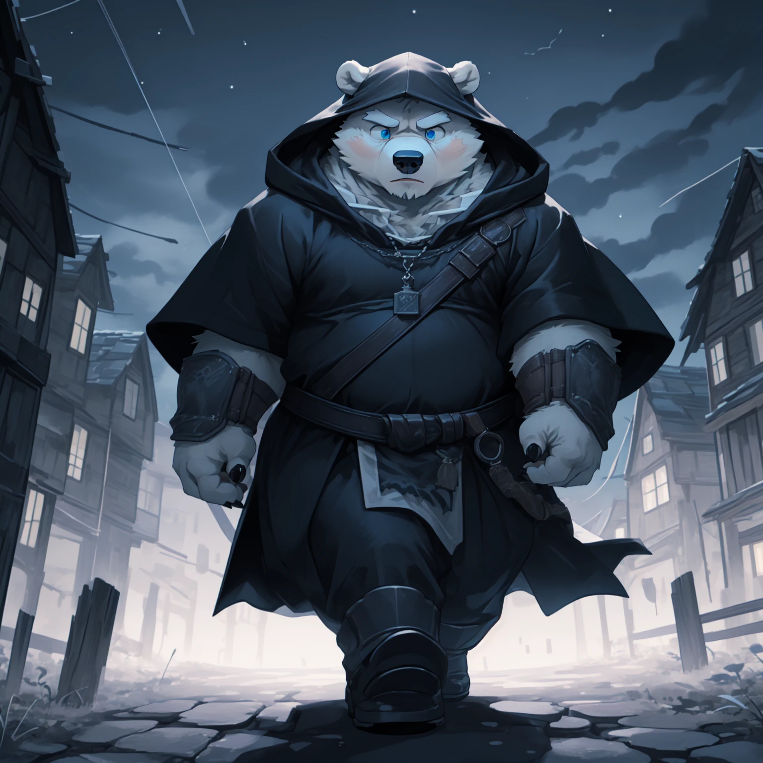 New Jersey 5 Furry，polar bear，Solitary，Chubby，Fat，Thick arms，Rugged muscles，(White plush fur)，Chubby脸，Black eyebrows，Sky blue eyes，(((masterpiece, best quality, Extremely detailed))), (skilled killer, Walk, Look down and forward, Solitary, inaccessible atmosphere, Poker face, Serious, ),  (Medieval Assassin Costume, Assassin's Cloak), The background is a secret town in the Middle Ages,  night，cloudy, Dynamic Angle