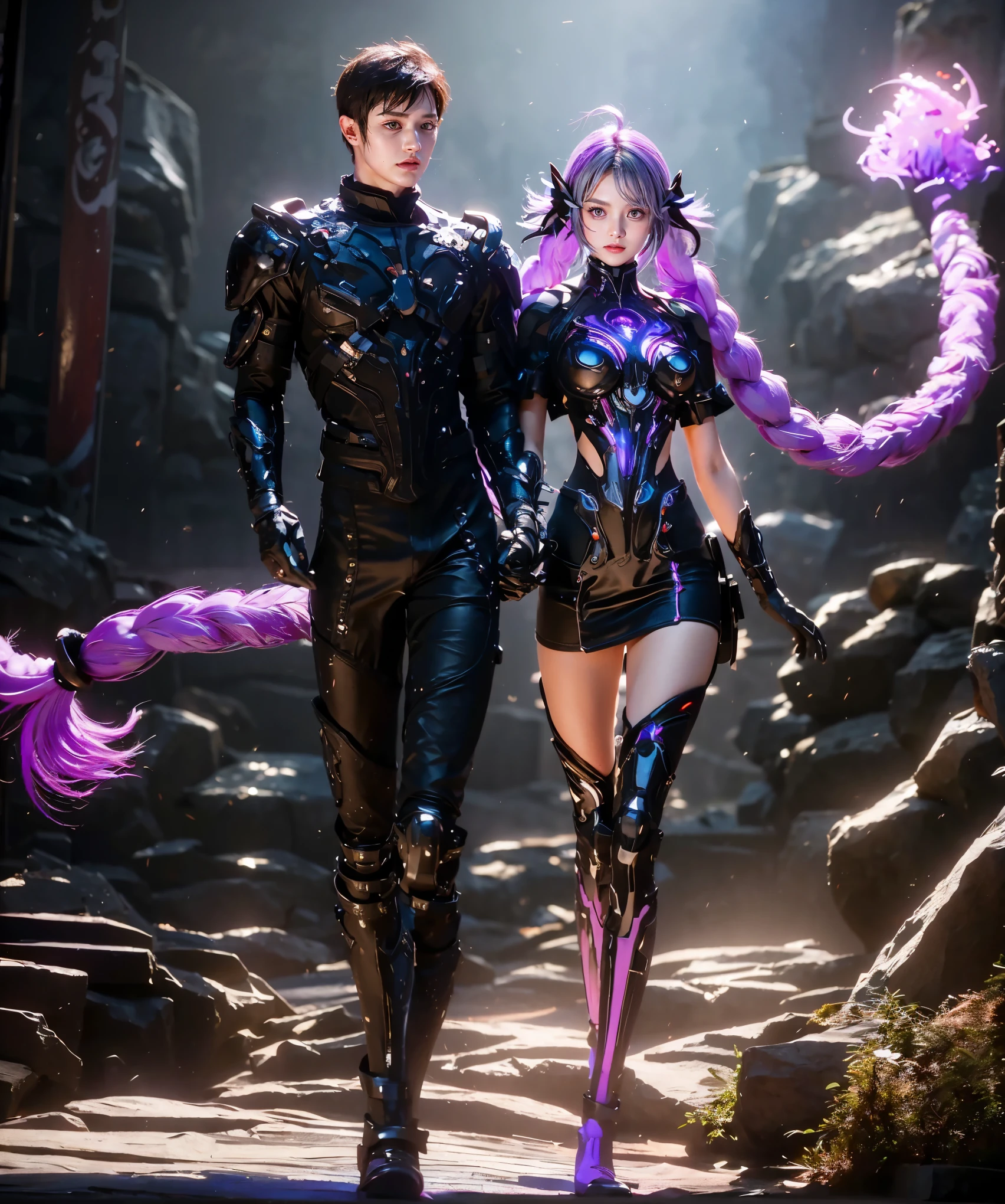 boy and girl hand in hand，walking，[beautiful girl，yinji, Crypticforce, anatomical correct:2, twin braids, purple hair，hair ornament, gloves, ahoge，low-tied very long hair,soft lighting,colorful palette,detailed eyes,detailed lips],best quality,4k,8k,highres,masterpiece:1.2),ultra-detailed,professional,vivid colors,bokeh,illustration,,serene background,((Best quality)), ((Masterpiece)), ((Realistic))，anatomically correct，Nikon Z7 II camera, Fujifilm Velvia 50 film, 50mm lens, high saturation, extremely hyper aesthetic intricate detailed, sharp focus, bewitching lighting, trending on artstation, cinematic lighting, unreal engine, octane render, full body shot, HDR, Unreal Engine 5, Octane Render, Cinematic, 32k, Natural Lighting, Ray Tracing Global Illumination, Digitally Enhanced, PhotoReal, Hyperdetailed, VFX, High Fidelity, expressive, dynamic pose, cinematic look, highly detailed, Cinestill 800T, sharp focus, intricate details, insanely detailed, Photorealism, High detail + Sony Alpha α7, sci - go cinematic style, volumetric lighting, zoomed out, action pose, sharp focus, dramatic lighting, centered, post processing, color grading, Redshift Render, ray tracing, epic, magnificent background, serene and enigmatic expression,