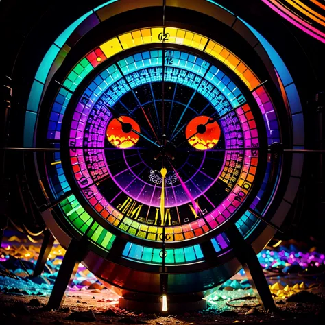 Create a psychedelic image, with vibrant colors. Place images related to clocks and aliens
