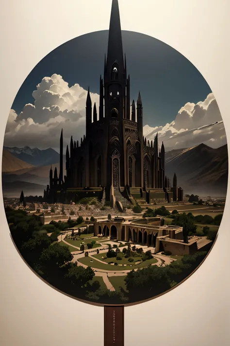 illustration inspired by the Lord of the Rings saga by J. R. R. Tolkien, draws an ancient city, an abandoned city flown over by ...