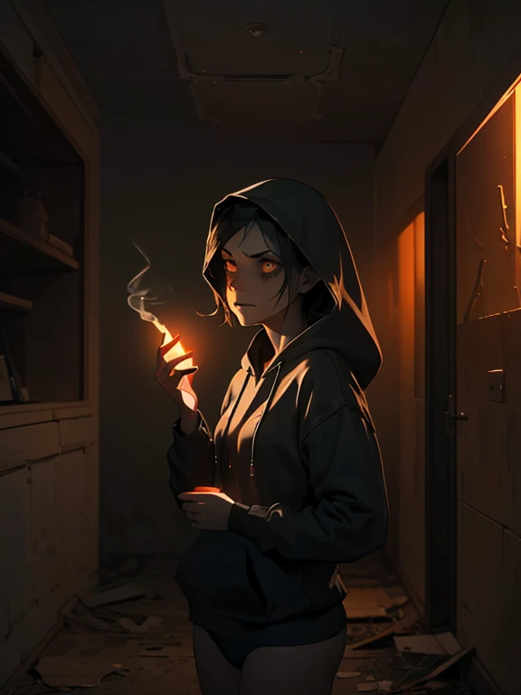 horror elements, girl smoking a cigarette, hoodie, panties (best quality, highres), dark atmosphere, eerie lighting, mysterious shadows, atmospheric fog, abandoned setting, intense emotions, disturbing details, haunting expression