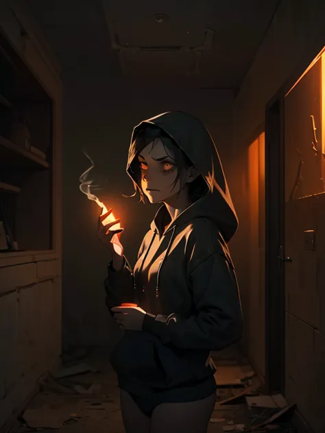 horror elements, girl smoking a cigarette, hoodie, panties (best quality, highres), dark atmosphere, eerie lighting, mysterious ...